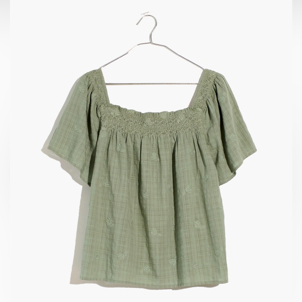 Madewell Square-Neck Smocked Top in Dotted Vines (Sage Green, Frosted Willow)